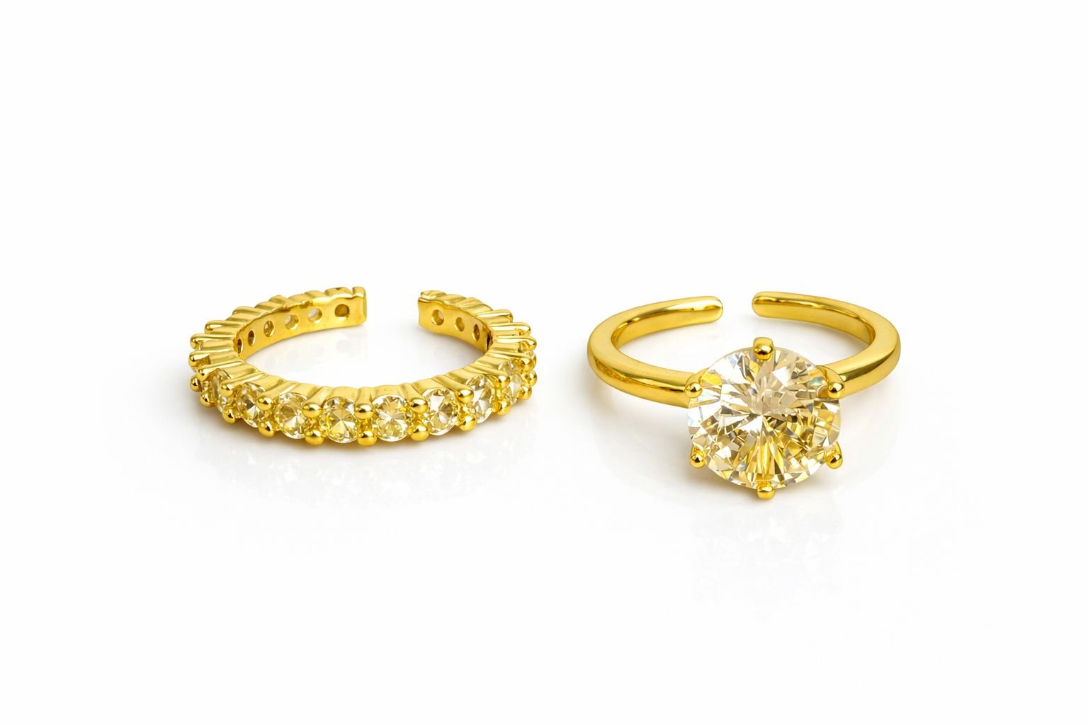 Anel Ajustável Solitário Amarelo e Anel Riviera Amarelo Cravejado Folheado