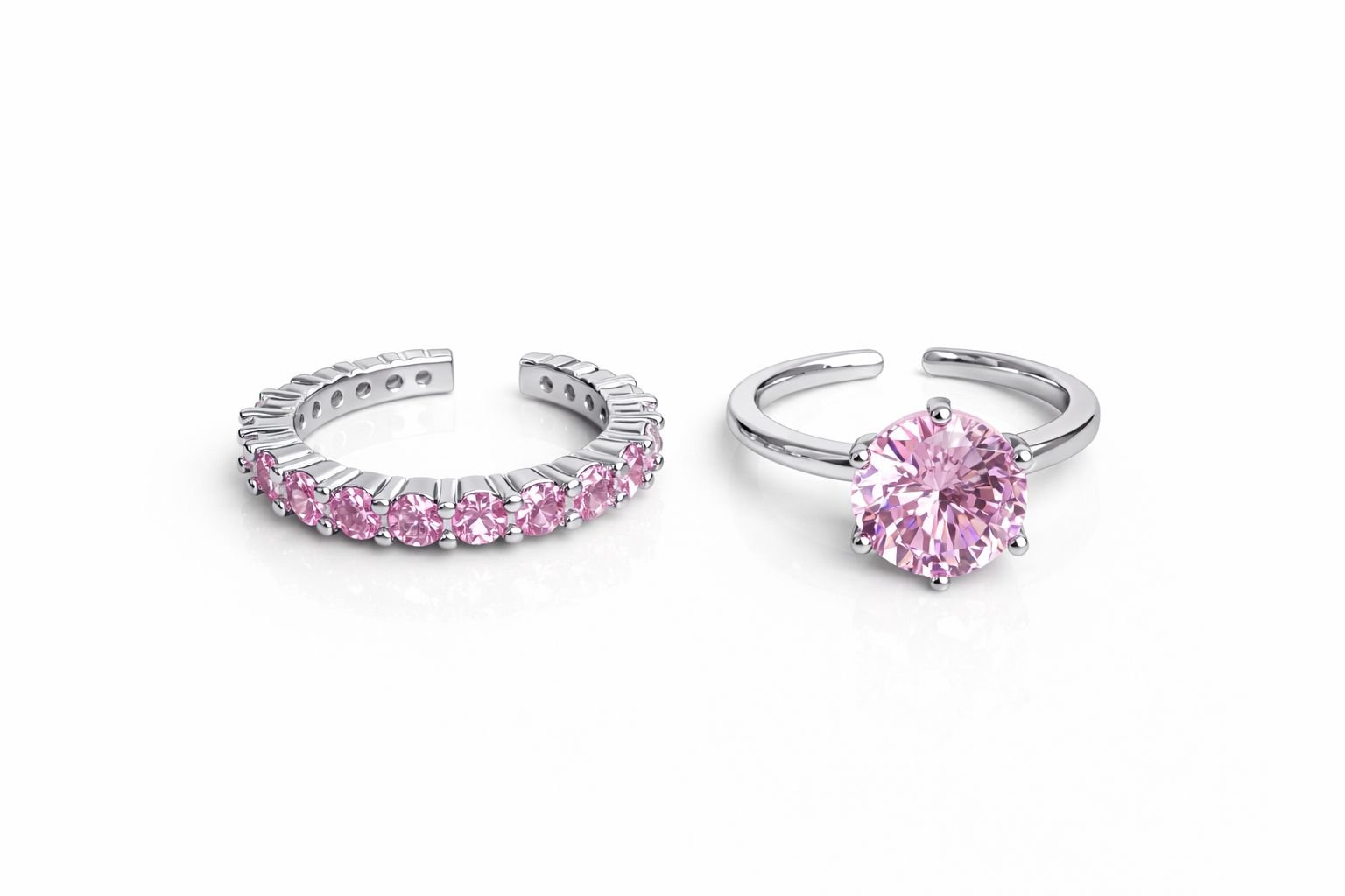 Anel Ajustável Solitário Rosa e Anel Riviera Rosa Cravejado Folheado – Kit Elegante