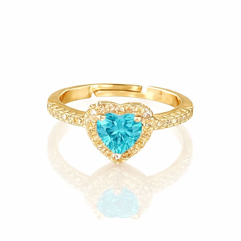 Anel Coração Ajustável Azul com Zircônias Cravejadas Folheado