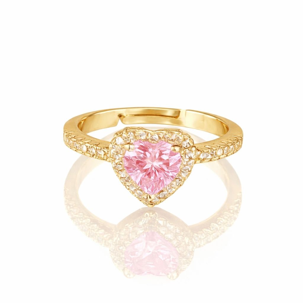 Anel Coração Ajustável Rosa com Zircônias Cravejadas Folheado