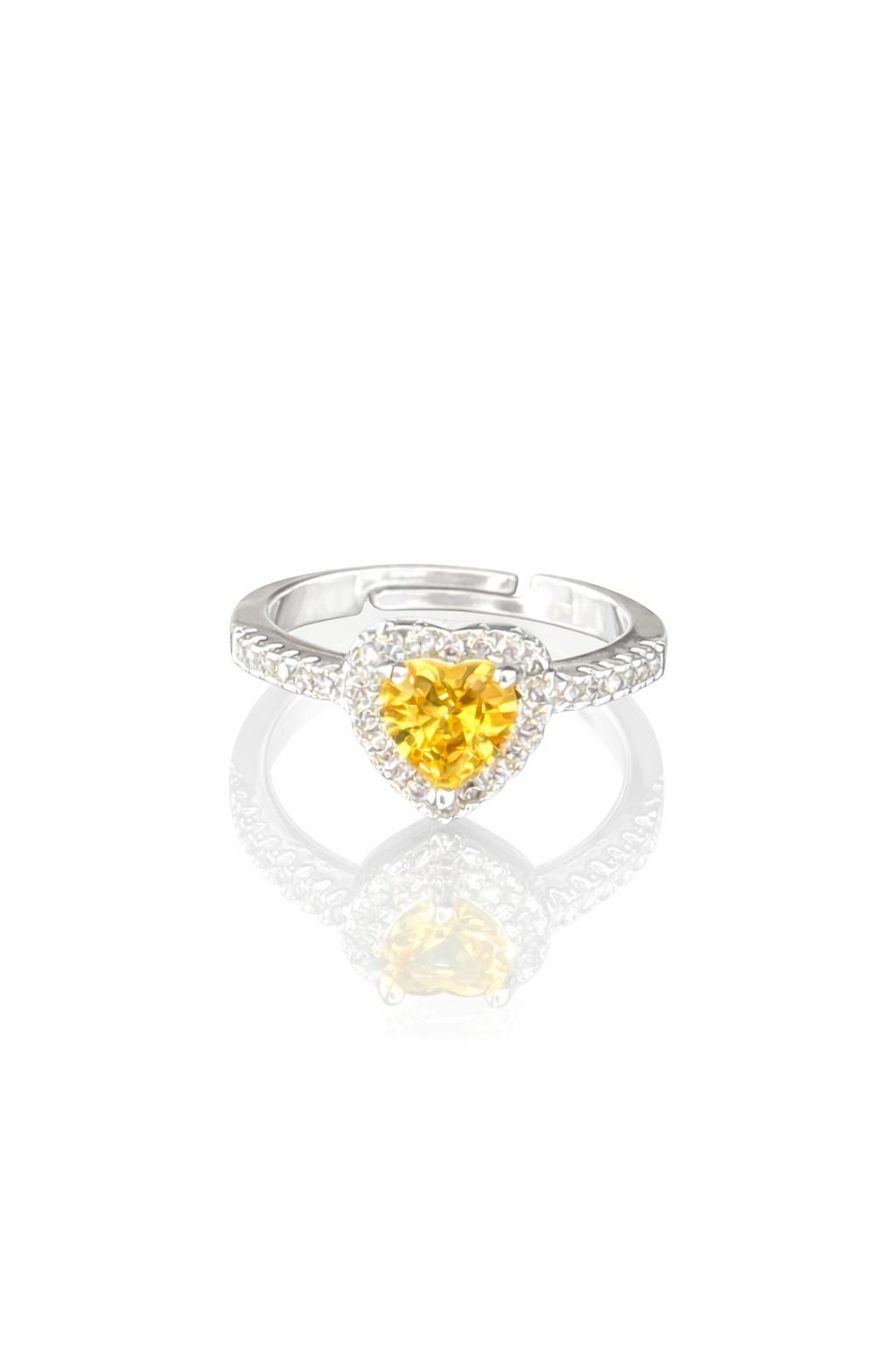 Anel Coração Amarelo Ajustável Semi Joia Prata