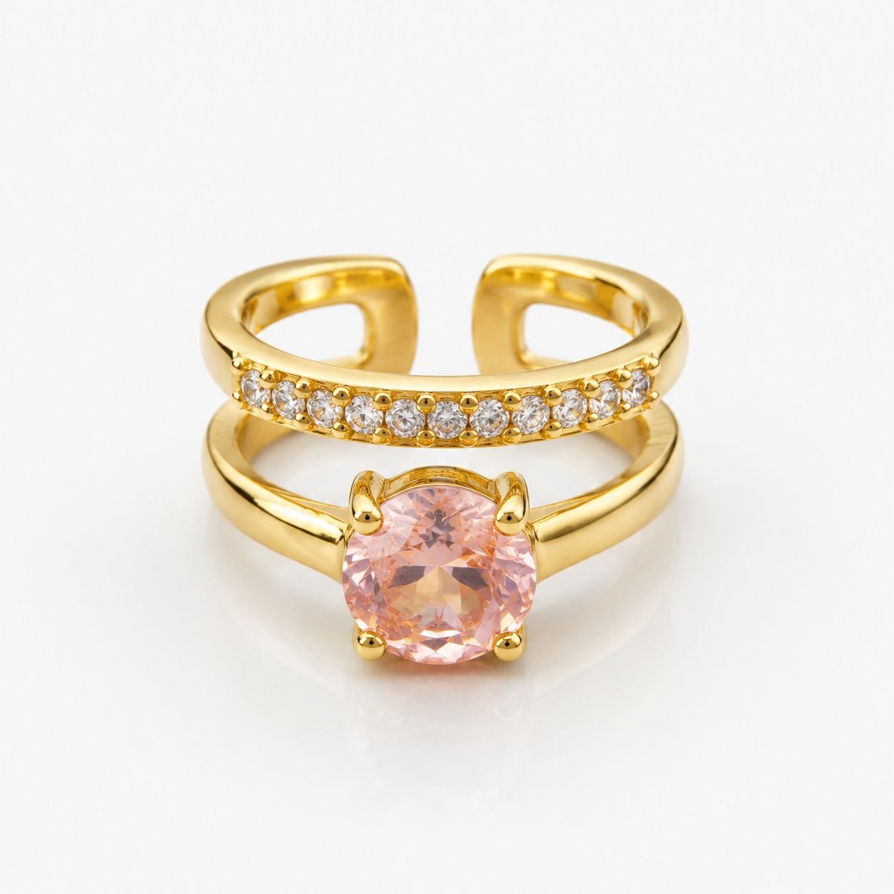 Anel Duplo Solitário com Zircônias Cravejadas Rosa Semi Joia