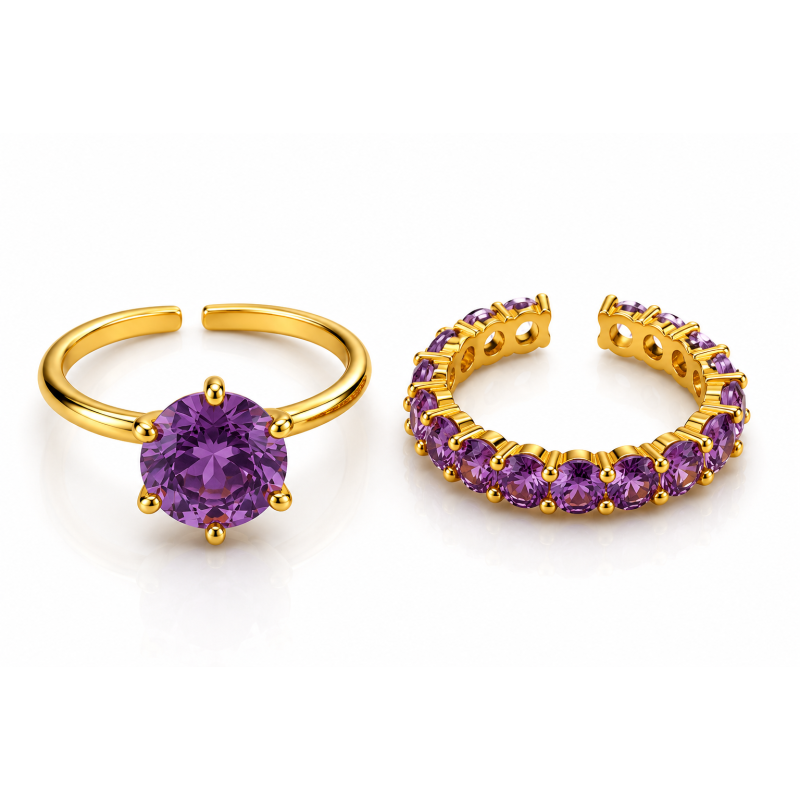 Anel Solitário com Aparador Roxo Ajustável Semi Joia Dourado