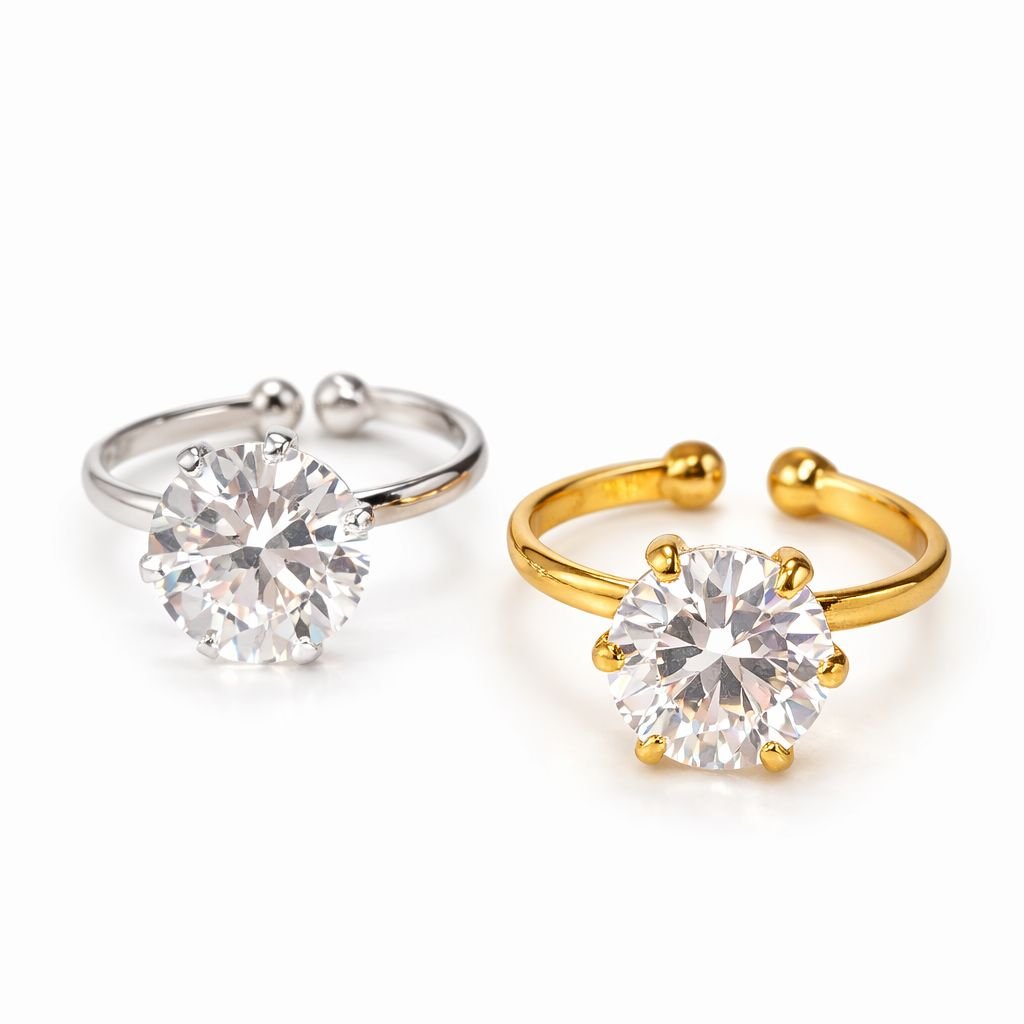 Anel Solitário Regulável com Zircônia 10mm Semi Joia Banhada a Ouro e Prata