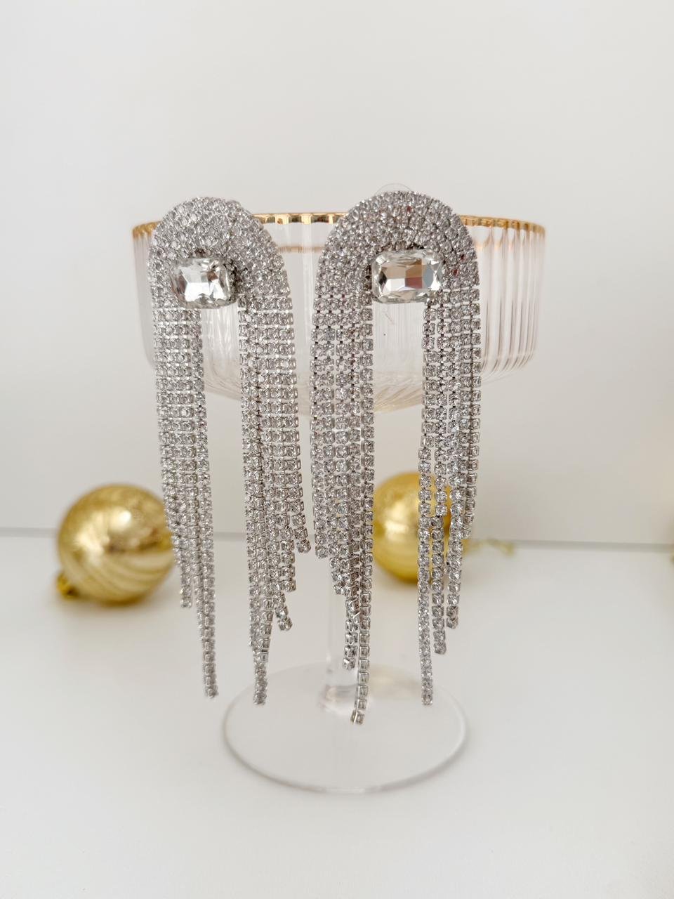 Brinco ponto de luz shine franja cristal Folheado