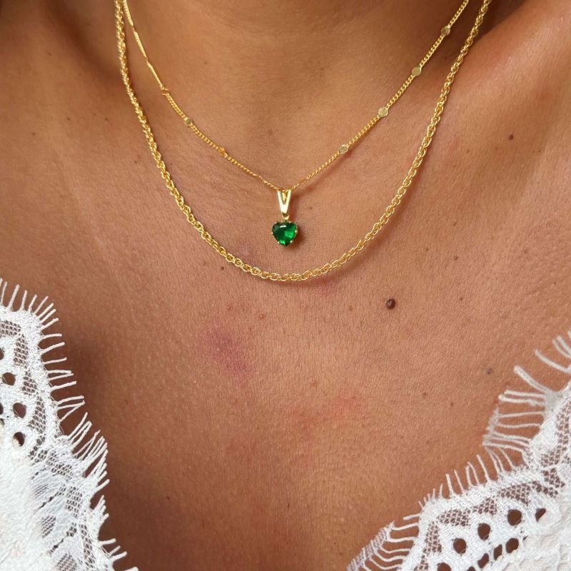 Colar Duplo Coração Cristal Verde Folheado