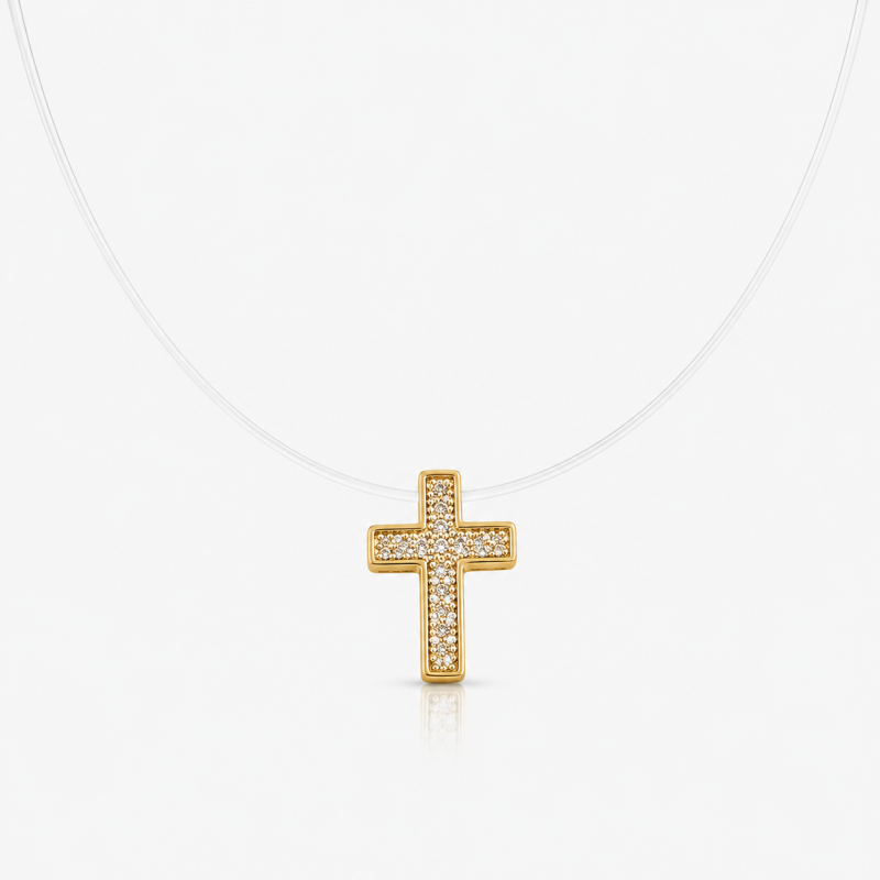 Colar Nylon Cruz Cravejada com Zircônias Semi Joia