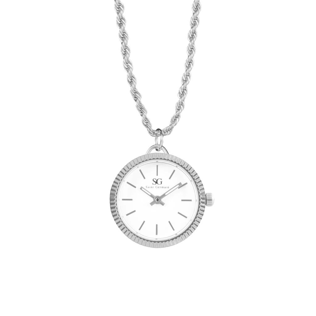 Colar Relógio Feminino Redondo Prata Elegante