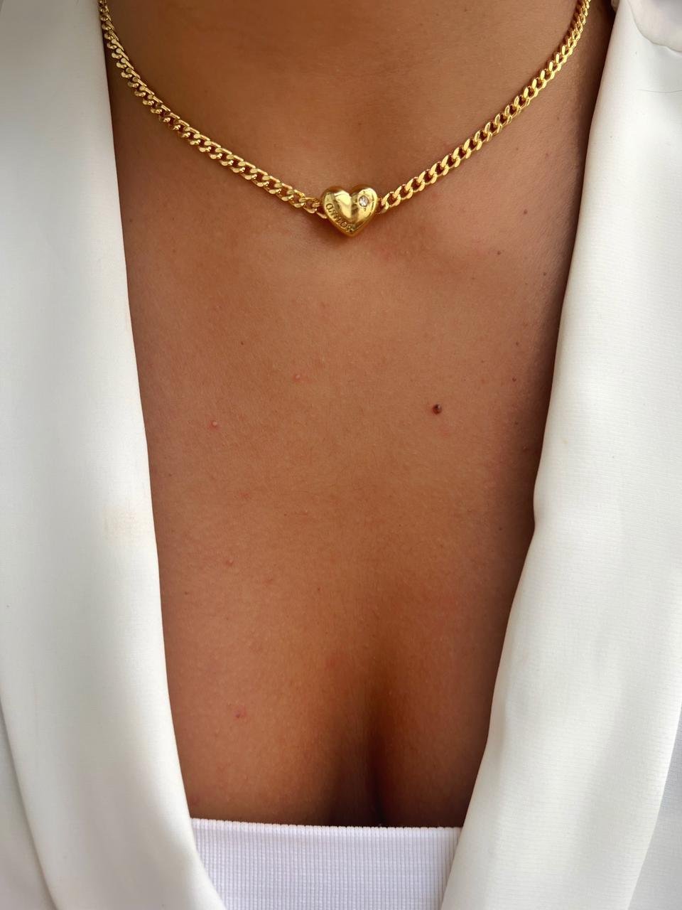 Colr36 Choker Grumet Coração Amor Ponto de Luz Semi Joia