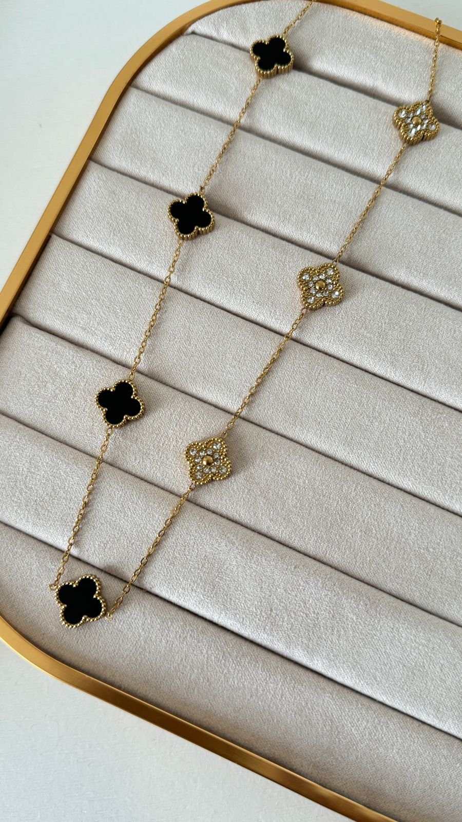 COLR365 Colar Choker 7 Trevos Dupla Fase Aço Inox