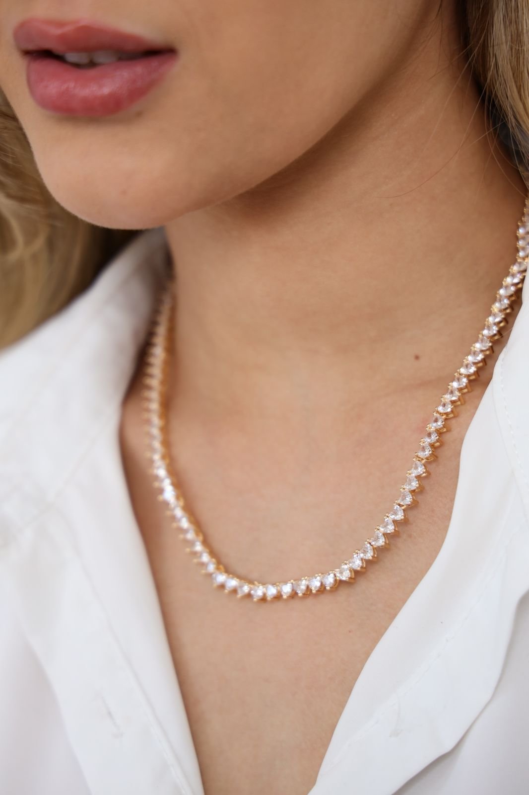 COLR371 Colar Choker Riviera Coração Fecho Gaveta Semi Jóia Banhado á OURO