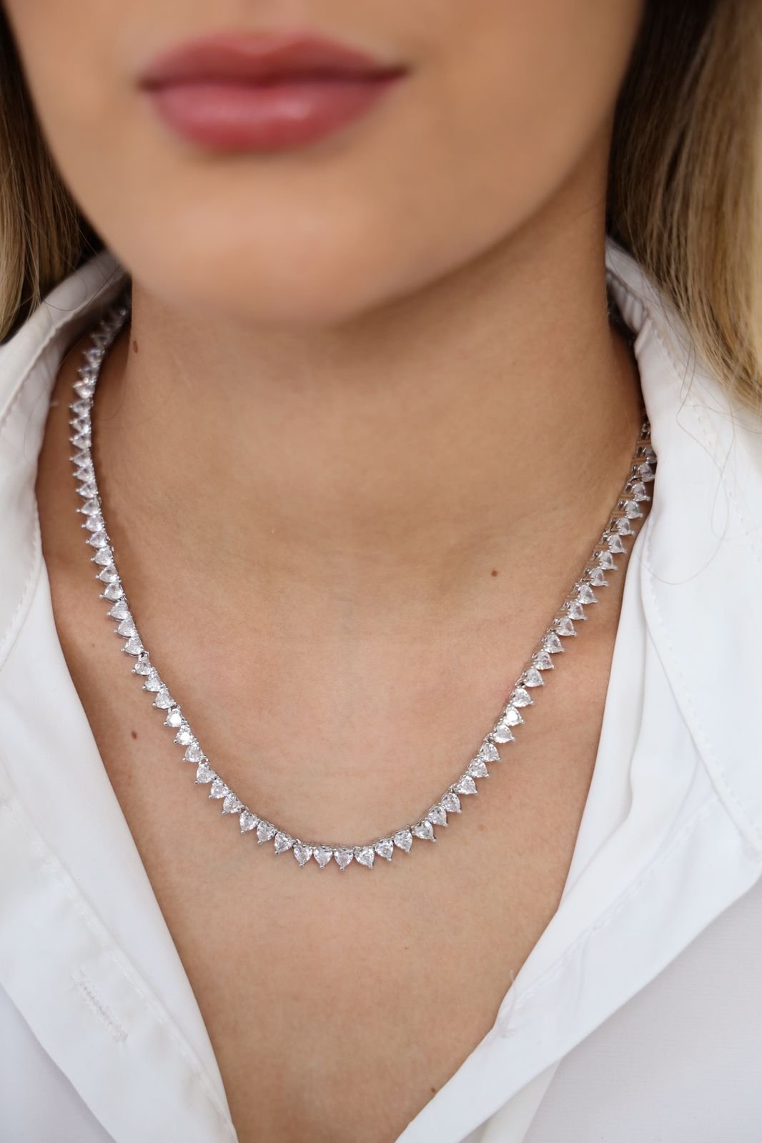 COLR372 Colar Choker Riviera Coração Fecho Gaveta Semi Jóia Banhado á PRATA