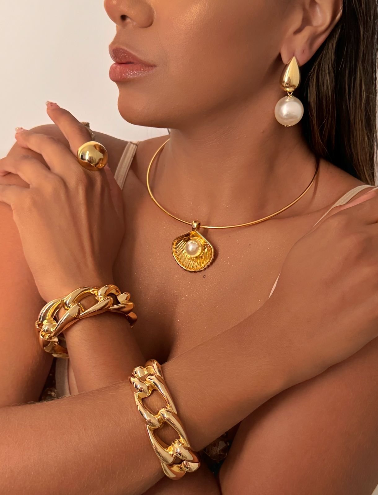 Colr57 Colar Choker Concha Pérola Dois Lados Semi Jóia