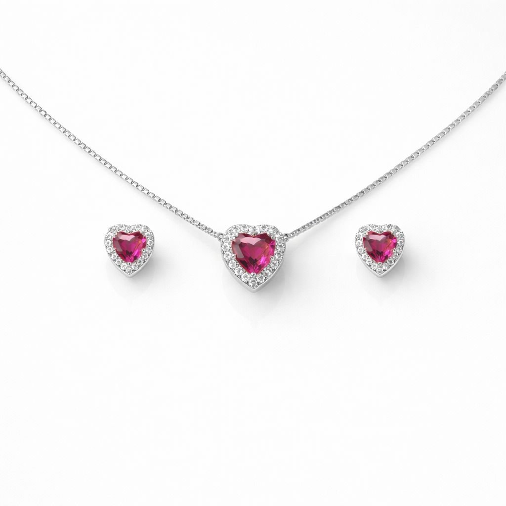 Conjunto Colar e Brinco Coração com Zircônias Cravejadas Com Caixa Semijoia