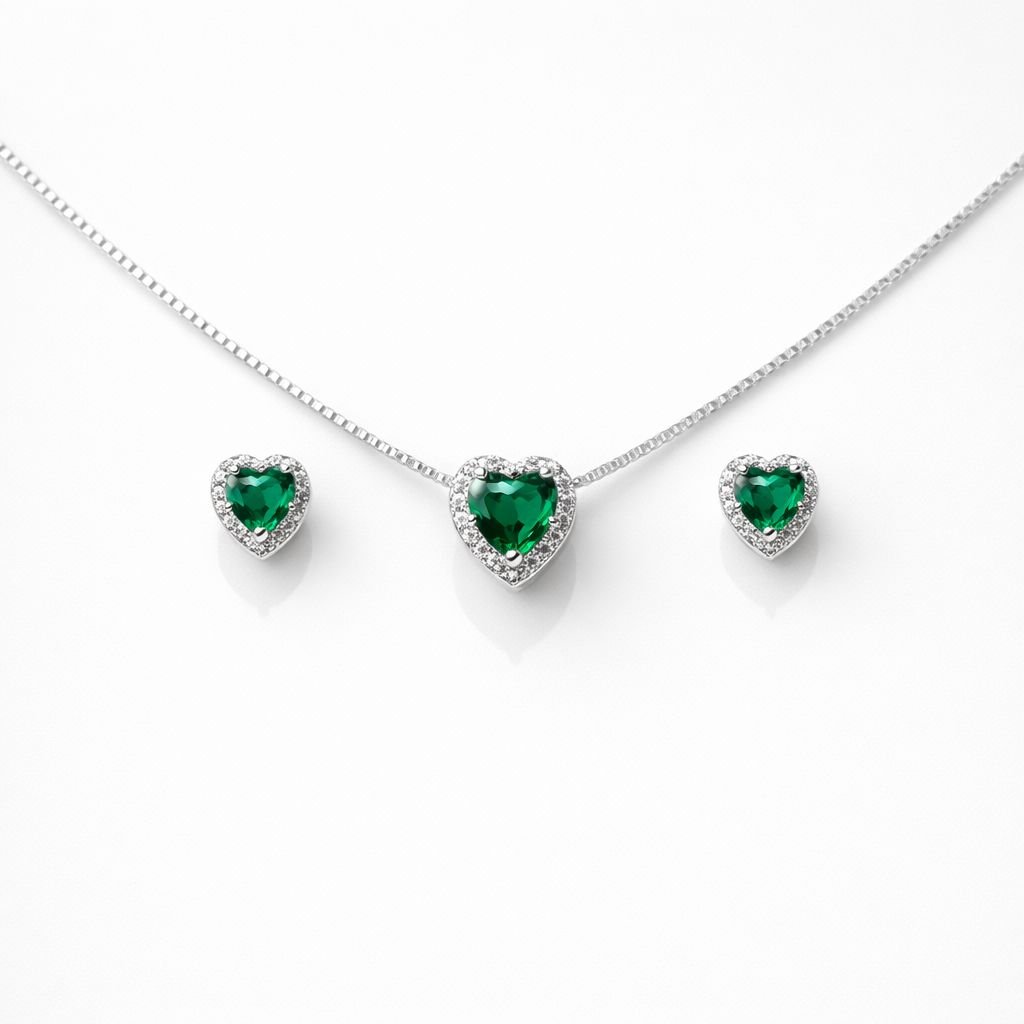 Conjunto Colar e Brinco Coração com Zircônias Cravejadas Com Caixa Semijoia