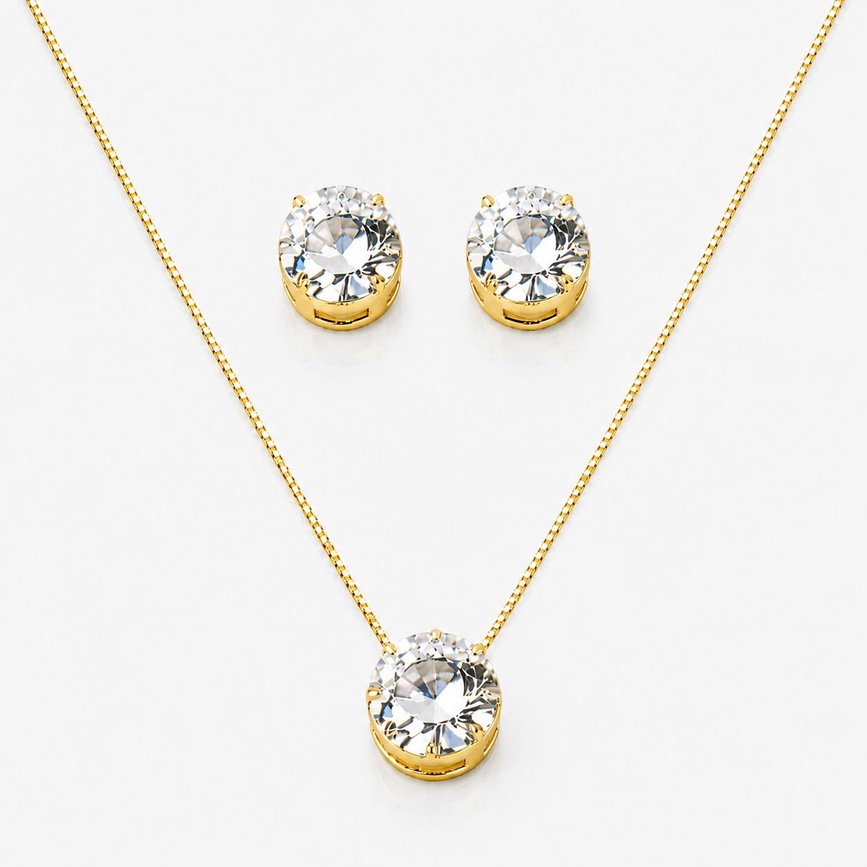 Conjunto Ponto de Luz com Zircônia Redonda Cravejada Semi Joia (Dourado e Prata)