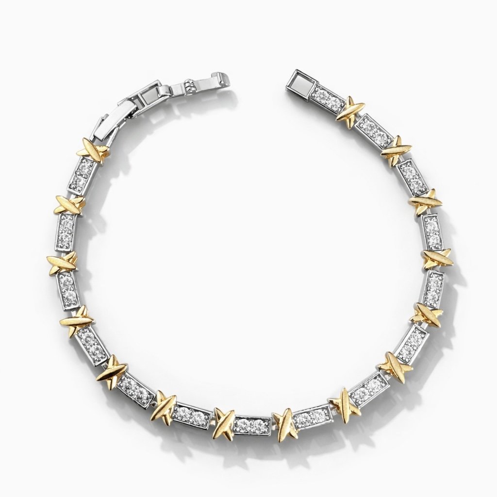 Pulseira X com Zircônias Cravejadas Duplo Fecho Semi Joia MIX DE BANHO