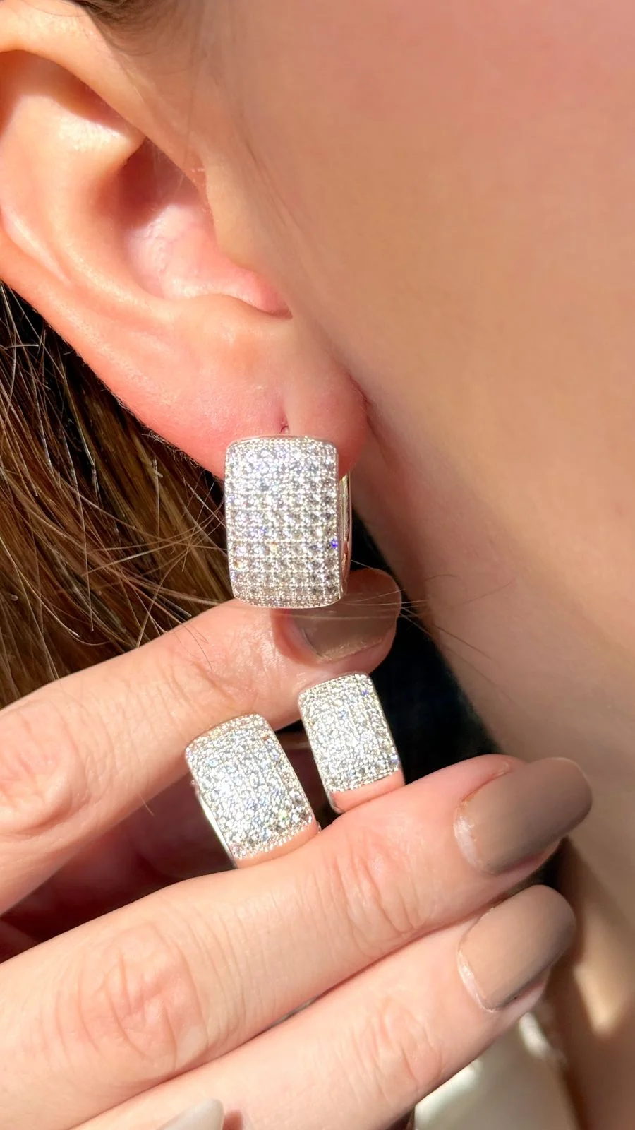 Trio de Brinco Argola Luxo Cravejado Prateado