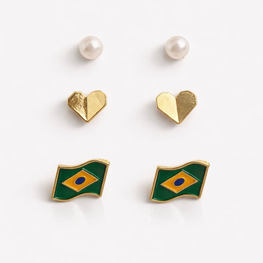 Trio de Brinco Brasil Folheado